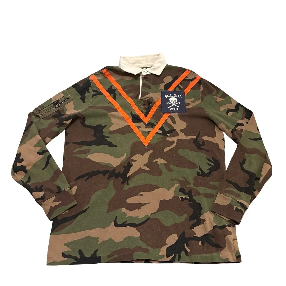 Polo Ralph Lauren Mens Camo Rugby Shirt Orange Chevron Skull Patch Medium
